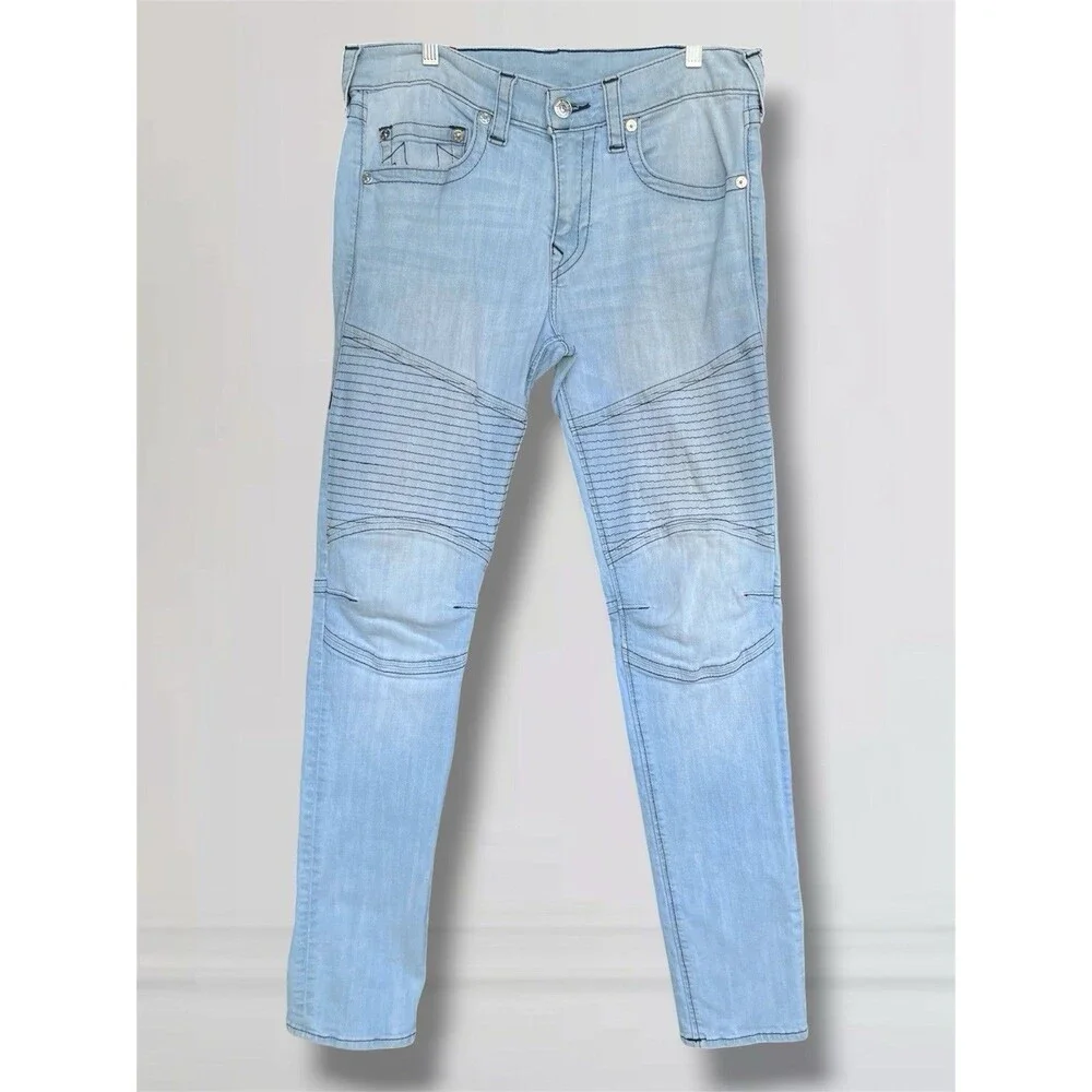 True Religion Rocco Relaxed Skinny Men's W34 L34 Moto Stretch Light Blue Jeans
